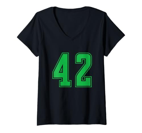 Damen Grün Nummer 42 Mannschaft Sport Nummerierte Uniform T-Shirt mit V-Ausschnitt von Uniform Numbered Retro Sports DESIGN ON THE FRONT