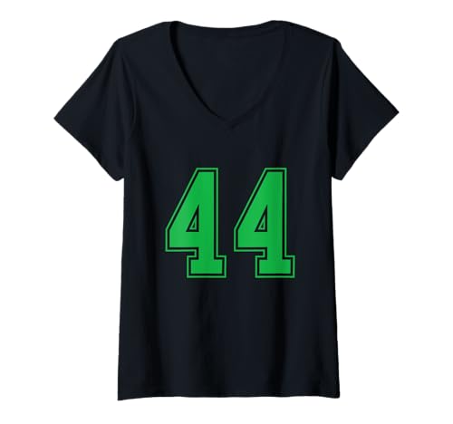 Damen Grün Nummer 44 Mannschaft Sport Nummerierte Uniform T-Shirt mit V-Ausschnitt von Uniform Numbered Retro Sports DESIGN ON THE FRONT