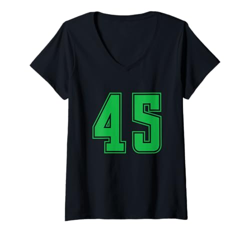 Damen Grün Nummer 45 Mannschaft Sport Nummerierte Uniform T-Shirt mit V-Ausschnitt von Uniform Numbered Retro Sports DESIGN ON THE FRONT