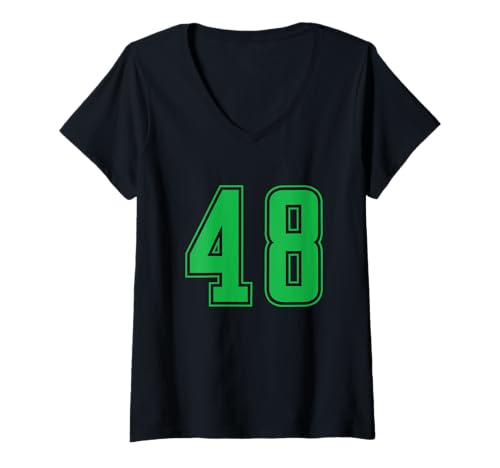 Damen Grün Nummer 48 Mannschaft Sport Nummerierte Uniform T-Shirt mit V-Ausschnitt von Uniform Numbered Retro Sports DESIGN ON THE FRONT