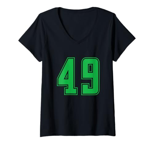 Damen Grün Nummer 49 Mannschaft Sport Nummerierte Uniform T-Shirt mit V-Ausschnitt von Uniform Numbered Retro Sports DESIGN ON THE FRONT