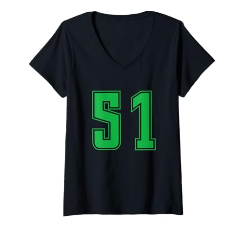 Damen Grün Nummer 51 Mannschaft Sport Nummerierte Uniform T-Shirt mit V-Ausschnitt von Uniform Numbered Retro Sports DESIGN ON THE FRONT