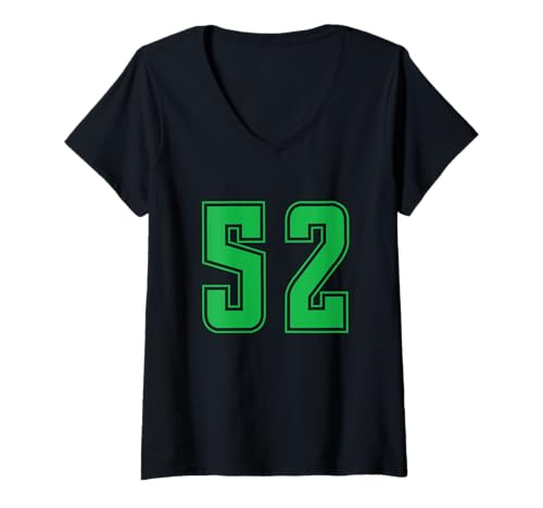 Damen Grün Nummer 52 Mannschaft Sport Nummerierte Uniform T-Shirt mit V-Ausschnitt von Uniform Numbered Retro Sports DESIGN ON THE FRONT