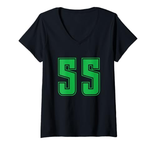Damen Grün Nummer 55 Mannschaft Sport Nummerierte Uniform T-Shirt mit V-Ausschnitt von Uniform Numbered Retro Sports DESIGN ON THE FRONT