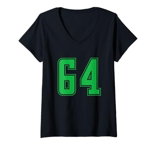 Damen Grün Nummer 64 Mannschaft Sport Nummerierte Uniform T-Shirt mit V-Ausschnitt von Uniform Numbered Retro Sports DESIGN ON THE FRONT