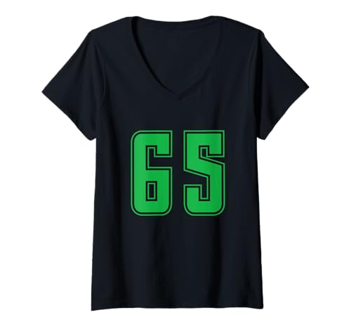 Damen Grün Nummer 65 Mannschaft Sport Nummerierte Uniform T-Shirt mit V-Ausschnitt von Uniform Numbered Retro Sports DESIGN ON THE FRONT