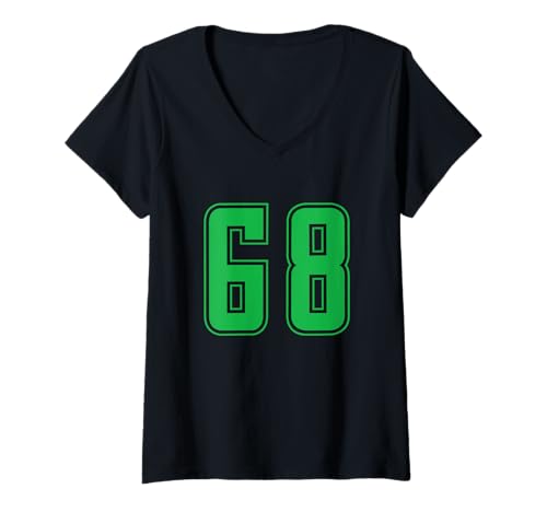 Damen Grün Nummer 68 Mannschaft Sport Nummerierte Uniform T-Shirt mit V-Ausschnitt von Uniform Numbered Retro Sports DESIGN ON THE FRONT