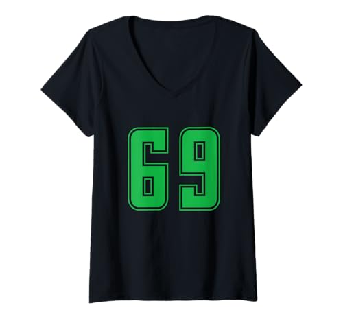 Damen Grün Nummer 69 Mannschaft Sport Nummerierte Uniform T-Shirt mit V-Ausschnitt von Uniform Numbered Retro Sports DESIGN ON THE FRONT