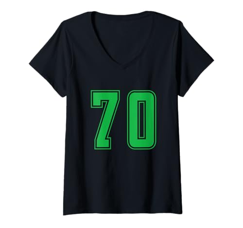 Damen Grün Nummer 70 Mannschaft Sport Nummerierte Uniform T-Shirt mit V-Ausschnitt von Uniform Numbered Retro Sports DESIGN ON THE FRONT