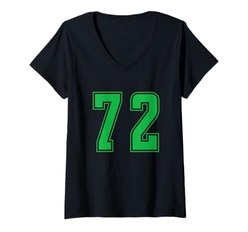 Damen Grün Nummer 72 Mannschaft Sport Nummerierte Uniform T-Shirt mit V-Ausschnitt von Uniform Numbered Retro Sports DESIGN ON THE FRONT