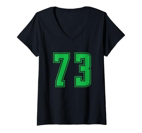 Damen Grün Nummer 73 Mannschaft Sport Nummerierte Uniform T-Shirt mit V-Ausschnitt von Uniform Numbered Retro Sports DESIGN ON THE FRONT