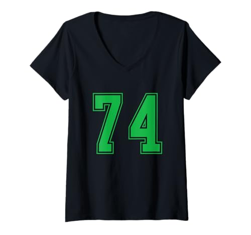 Damen Grün Nummer 74 Mannschaft Sport Nummerierte Uniform T-Shirt mit V-Ausschnitt von Uniform Numbered Retro Sports DESIGN ON THE FRONT
