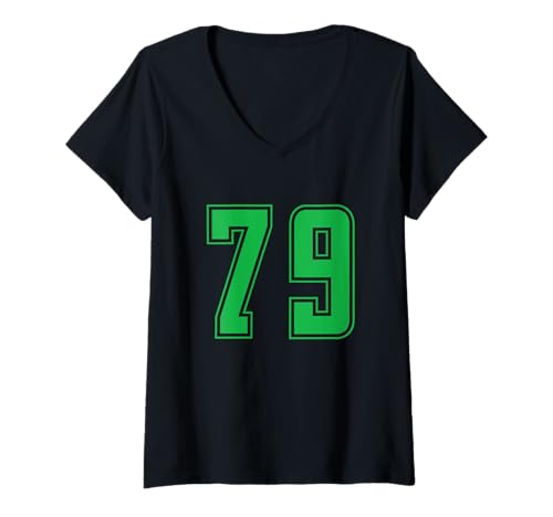Damen Grün Nummer 79 Mannschaft Sport Nummerierte Uniform T-Shirt mit V-Ausschnitt von Uniform Numbered Retro Sports DESIGN ON THE FRONT