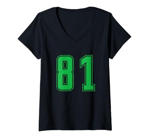 Damen Grün Nummer 81 Mannschaft Sport Nummerierte Uniform T-Shirt mit V-Ausschnitt von Uniform Numbered Retro Sports DESIGN ON THE FRONT