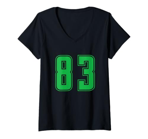 Damen Grün Nummer 83 Mannschaft Sport Nummerierte Uniform T-Shirt mit V-Ausschnitt von Uniform Numbered Retro Sports DESIGN ON THE FRONT