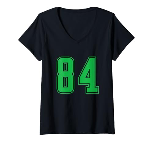 Damen Grün Nummer 84 Mannschaft Sport Nummerierte Uniform T-Shirt mit V-Ausschnitt von Uniform Numbered Retro Sports DESIGN ON THE FRONT