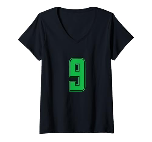 Damen Grün Nummer 9 Mannschaft Sport Nummerierte Uniform T-Shirt mit V-Ausschnitt von Uniform Numbered Retro Sports DESIGN ON THE FRONT