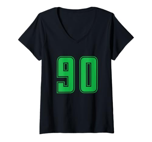 Damen Grün Nummer 90 Mannschaft Sport Nummerierte Uniform T-Shirt mit V-Ausschnitt von Uniform Numbered Retro Sports DESIGN ON THE FRONT