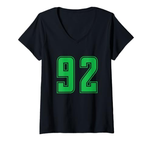 Damen Grün Nummer 92 Mannschaft Sport Nummerierte Uniform T-Shirt mit V-Ausschnitt von Uniform Numbered Retro Sports DESIGN ON THE FRONT