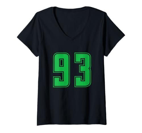 Damen Grün Nummer 93 Mannschaft Sport Nummerierte Uniform T-Shirt mit V-Ausschnitt von Uniform Numbered Retro Sports DESIGN ON THE FRONT