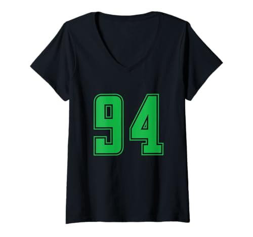 Damen Grün Nummer 94 Mannschaft Sport Nummerierte Uniform T-Shirt mit V-Ausschnitt von Uniform Numbered Retro Sports DESIGN ON THE FRONT