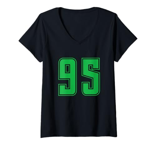 Damen Grün Nummer 95 Mannschaft Sport Nummerierte Uniform T-Shirt mit V-Ausschnitt von Uniform Numbered Retro Sports DESIGN ON THE FRONT