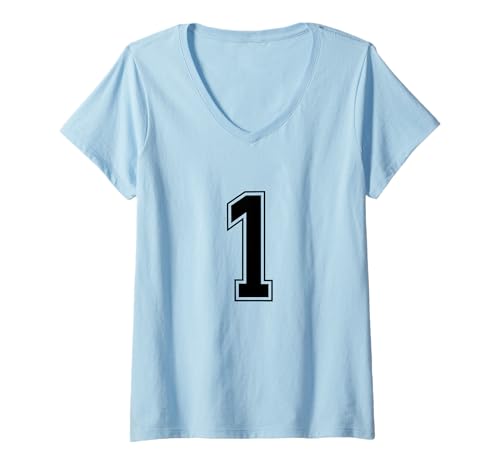 Damen Schwarz 1 Nummer Mannschaft Sport Nummerierte Uniform T-Shirt mit V-Ausschnitt von Uniform Numbered Retro Sports DESIGN ON THE FRONT