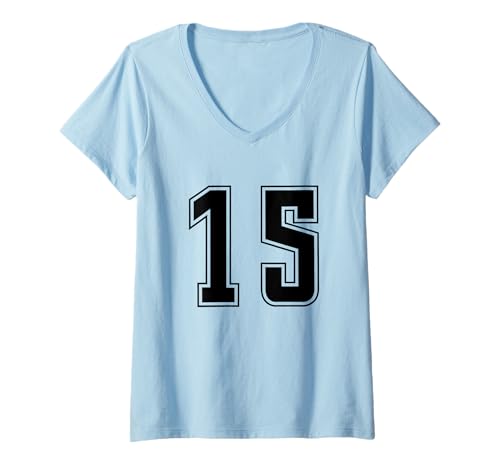 Damen Schwarz Nummer 15 Mannschaft Sport Nummerierte Uniform T-Shirt mit V-Ausschnitt von Uniform Numbered Retro Sports DESIGN ON THE FRONT