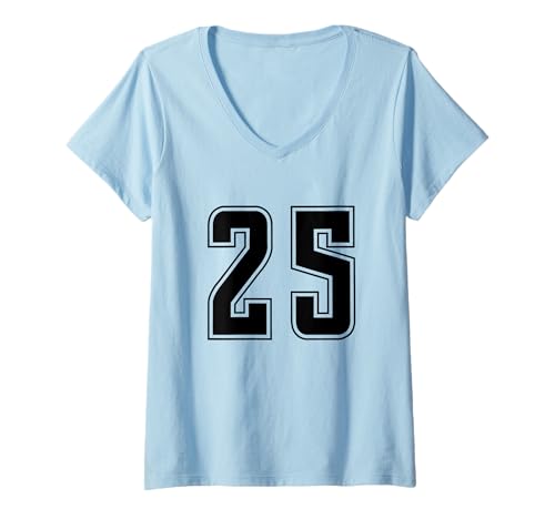 Damen Schwarz Nummer 25 Mannschaft Sport Nummerierte Uniform T-Shirt mit V-Ausschnitt von Uniform Numbered Retro Sports DESIGN ON THE FRONT