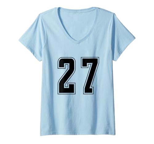 Damen Schwarz Nummer 27 Mannschaft Sport Nummerierte Uniform T-Shirt mit V-Ausschnitt von Uniform Numbered Retro Sports DESIGN ON THE FRONT