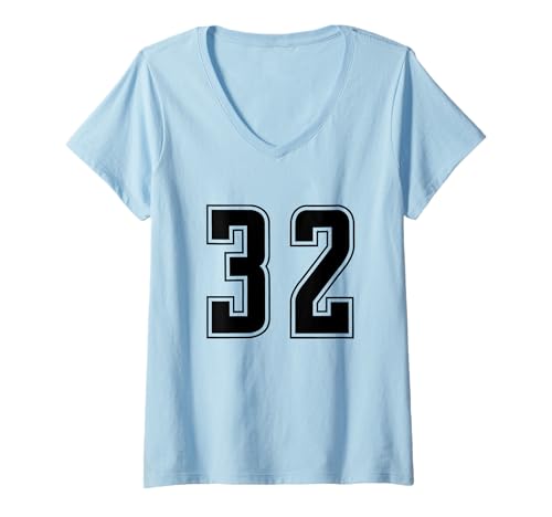 Damen Schwarz Nummer 32 Mannschaft Sport Nummerierte Uniform T-Shirt mit V-Ausschnitt von Uniform Numbered Retro Sports DESIGN ON THE FRONT