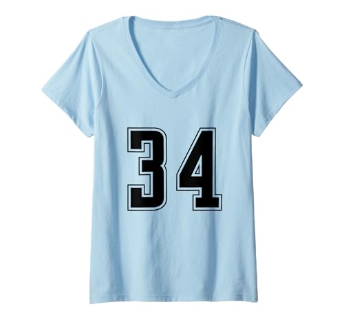 Damen Schwarz Nummer 34 Mannschaft Sport Nummerierte Uniform T-Shirt mit V-Ausschnitt von Uniform Numbered Retro Sports DESIGN ON THE FRONT