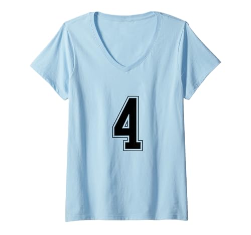 Damen Schwarz Nummer 4 Mannschaft Sport Nummerierte Uniform T-Shirt mit V-Ausschnitt von Uniform Numbered Retro Sports DESIGN ON THE FRONT