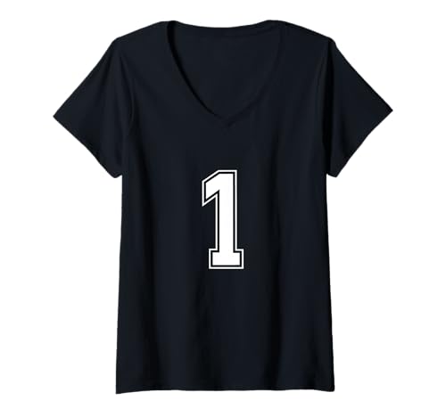 Damen Weiß 1 Nummer Mannschaft Sport Nummerierte Uniform T-Shirt mit V-Ausschnitt von Uniform Numbered Retro Sports DESIGN ON THE FRONT