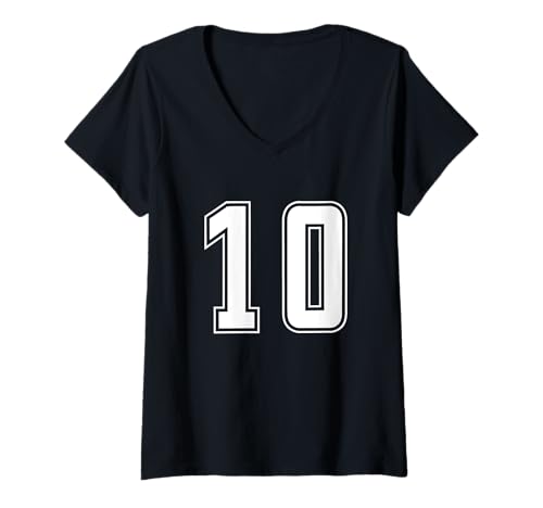 Damen Weiß Nummer 10 Mannschaft Sport Nummerierte Uniform T-Shirt mit V-Ausschnitt von Uniform Numbered Retro Sports DESIGN ON THE FRONT
