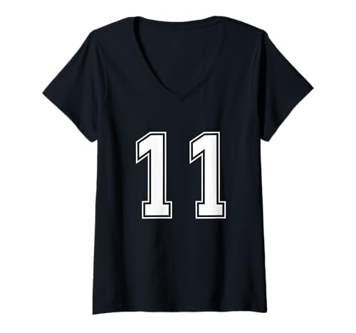 Damen Weiß Nummer 11 Mannschaft Sport Nummerierte Uniform T-Shirt mit V-Ausschnitt von Uniform Numbered Retro Sports DESIGN ON THE FRONT