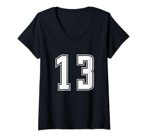 Damen Weiß Nummer 13 Mannschaft Sport Nummerierte Uniform T-Shirt mit V-Ausschnitt von Uniform Numbered Retro Sports DESIGN ON THE FRONT