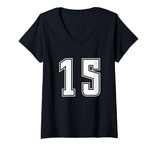 Damen Weiß Nummer 15 Mannschaft Sport Nummerierte Uniform T-Shirt mit V-Ausschnitt von Uniform Numbered Retro Sports DESIGN ON THE FRONT