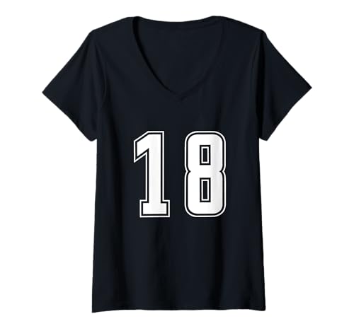 Damen Weiß Nummer 18 Mannschaft Sport Nummerierte Uniform T-Shirt mit V-Ausschnitt von Uniform Numbered Retro Sports DESIGN ON THE FRONT