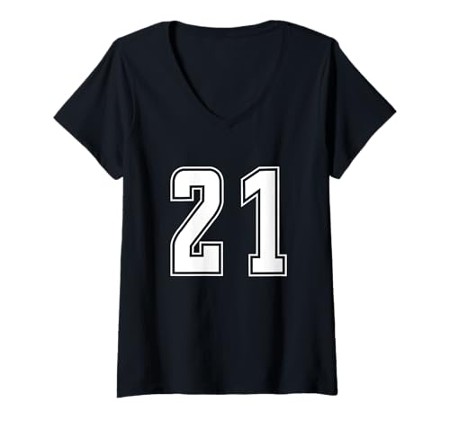 Damen Weiß Nummer 21 Mannschaft Sport Nummerierte Uniform T-Shirt mit V-Ausschnitt von Uniform Numbered Retro Sports DESIGN ON THE FRONT