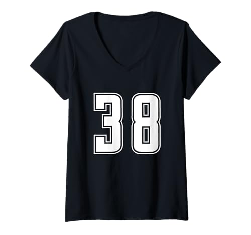 Damen Weiß Nummer 38 Mannschaft Sport Nummerierte Uniform T-Shirt mit V-Ausschnitt von Uniform Numbered Retro Sports DESIGN ON THE FRONT