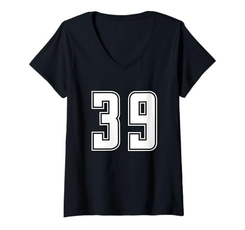 Damen Weiß Nummer 39 Mannschaft Sport Nummerierte Uniform T-Shirt mit V-Ausschnitt von Uniform Numbered Retro Sports DESIGN ON THE FRONT