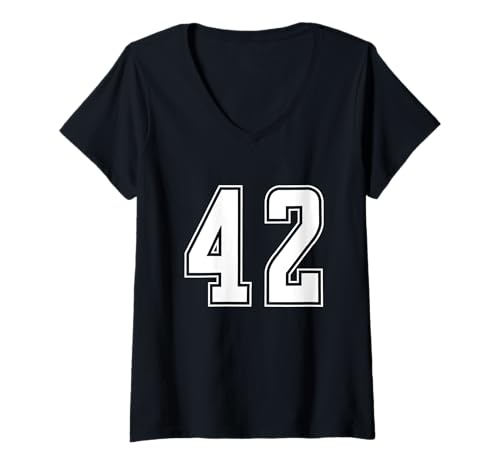 Damen Weiß Nummer 42 Mannschaft Sport Nummerierte Uniform T-Shirt mit V-Ausschnitt von Uniform Numbered Retro Sports DESIGN ON THE FRONT