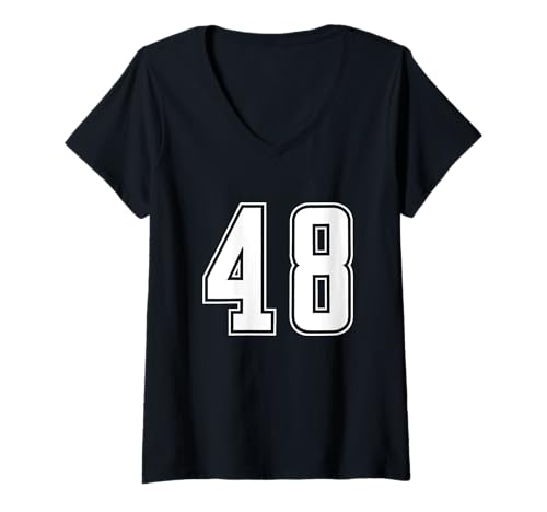 Damen Weiß Nummer 48 Mannschaft Sport Nummerierte Uniform T-Shirt mit V-Ausschnitt von Uniform Numbered Retro Sports DESIGN ON THE FRONT