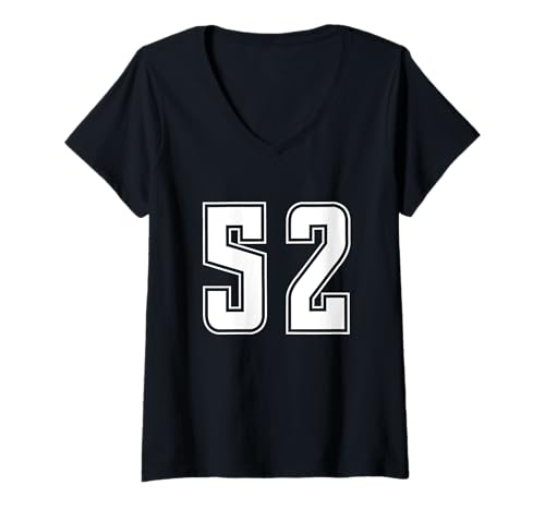 Damen Weiß Nummer 52 Mannschaft Sport Nummerierte Uniform T-Shirt mit V-Ausschnitt von Uniform Numbered Retro Sports DESIGN ON THE FRONT