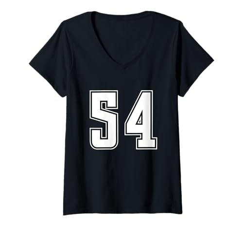 Damen Weiß Nummer 54 Mannschaft Sport Nummerierte Uniform T-Shirt mit V-Ausschnitt von Uniform Numbered Retro Sports DESIGN ON THE FRONT