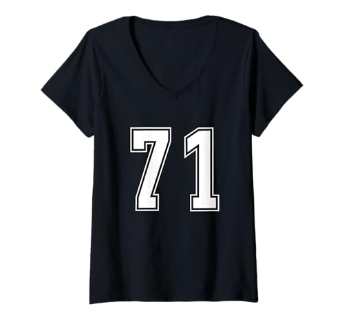 Damen Weiß Nummer 71 Mannschaft Sport Nummerierte Uniform T-Shirt mit V-Ausschnitt von Uniform Numbered Retro Sports DESIGN ON THE FRONT