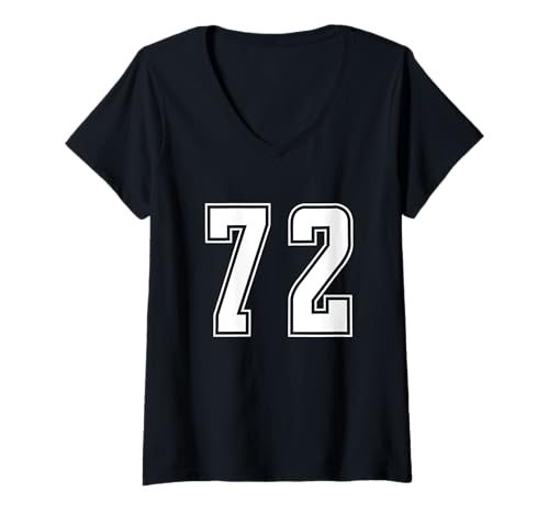 Damen Weiß Nummer 72 Mannschaft Sport Nummerierte Uniform T-Shirt mit V-Ausschnitt von Uniform Numbered Retro Sports DESIGN ON THE FRONT
