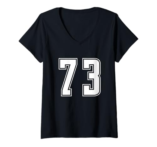 Damen Weiß Nummer 73 Mannschaft Sport Nummerierte Uniform T-Shirt mit V-Ausschnitt von Uniform Numbered Retro Sports DESIGN ON THE FRONT