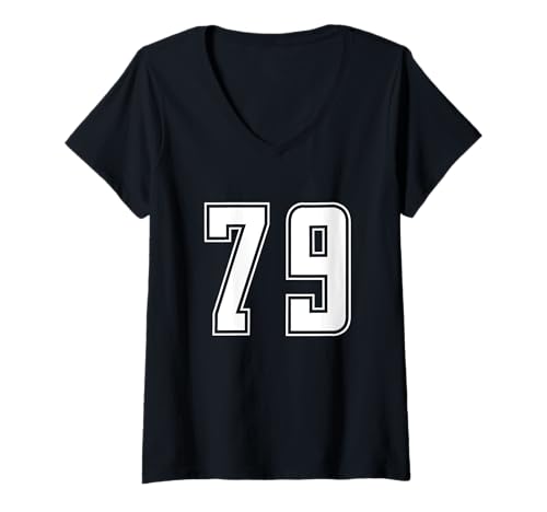 Damen Weiß Nummer 79 Mannschaft Sport Nummerierte Uniform T-Shirt mit V-Ausschnitt von Uniform Numbered Retro Sports DESIGN ON THE FRONT
